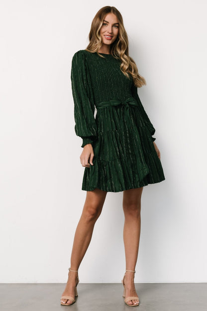Ivey Smocked Short Dress | Dark Green + Silver
