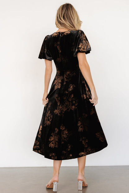 Janna Velvet Midi Dress | Black + Bronze Floral