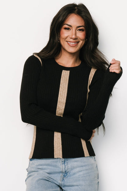 Jolene Ribbed Sweater Top | Black + Tan Stripe