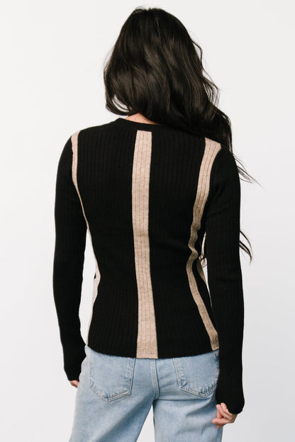 Jolene Ribbed Sweater Top | Black + Tan Stripe
