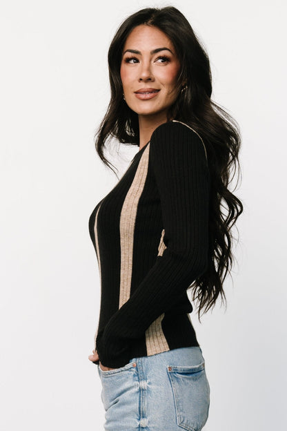 Jolene Ribbed Sweater Top | Black + Tan Stripe