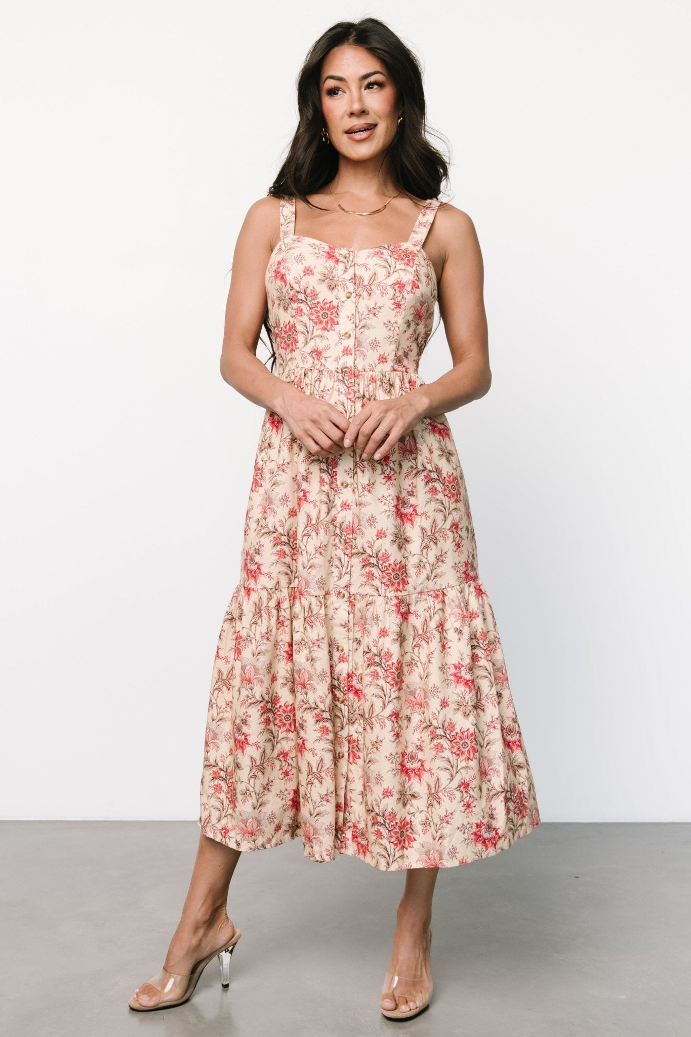 Jules Button Midi Dress | Cream + Pink