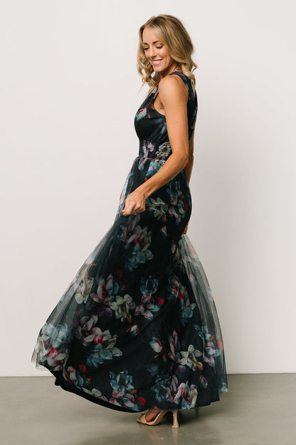 Kamila Tulle Maxi Dress | Navy Abstract Floral