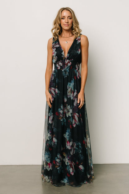 Kamila Tulle Maxi Dress | Navy Abstract Floral