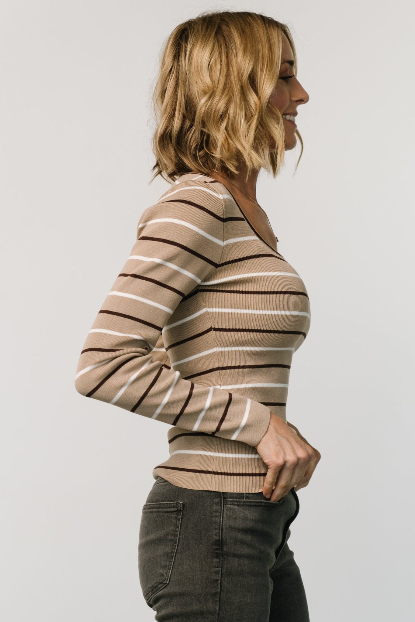 Kaylee Long Sleeve Top | Taupe Stripe