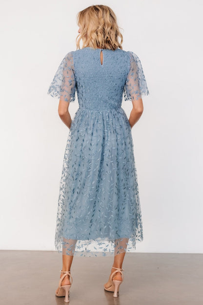 Kendra Embroidered Dress | Dusty Blue