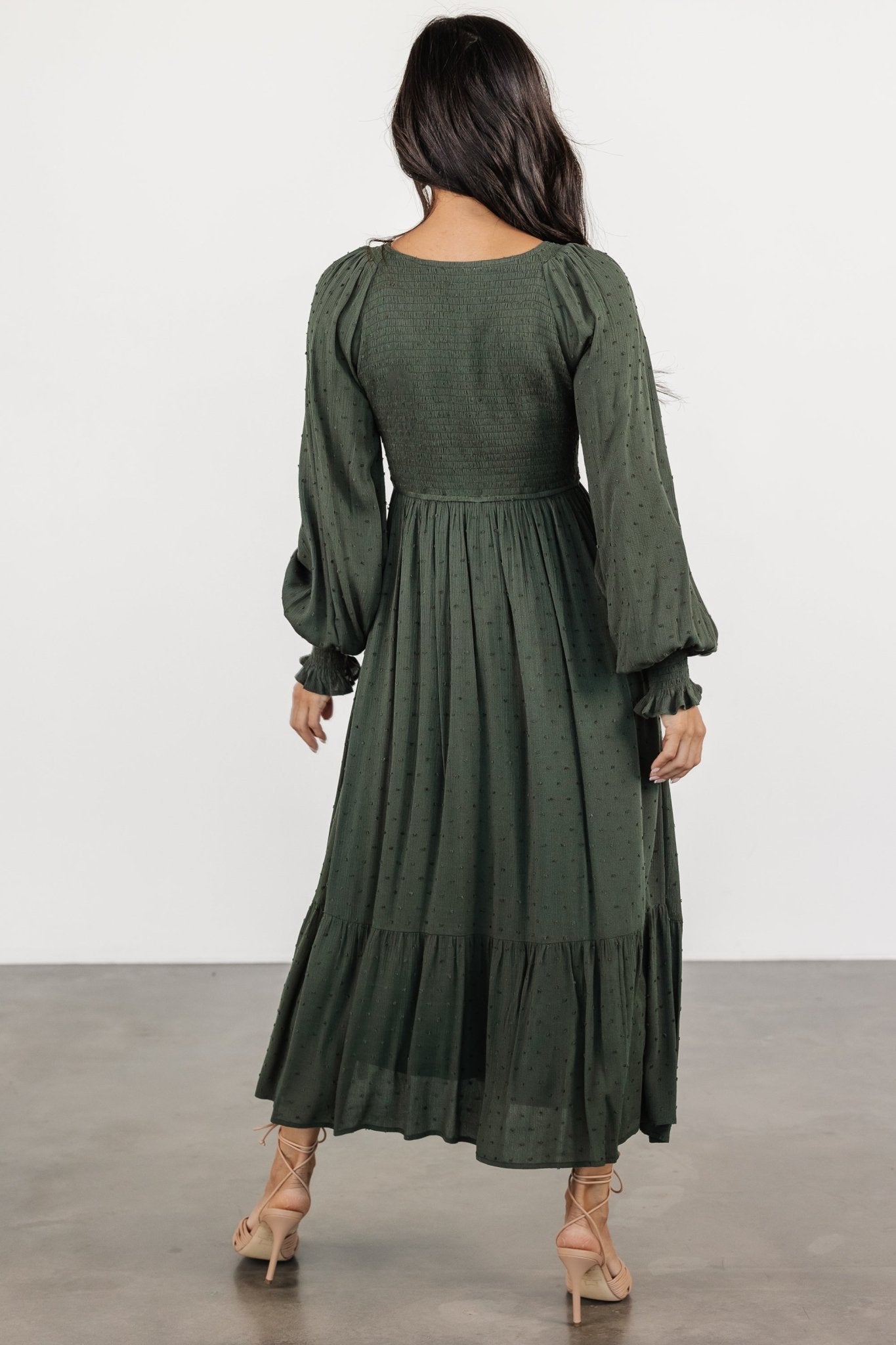 Lainey Smocked Dotted Midi Dress | Deep Olive