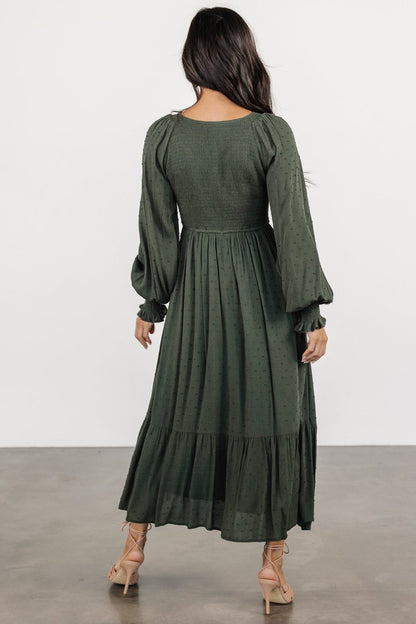 Lainey Smocked Dotted Midi Dress | Deep Olive