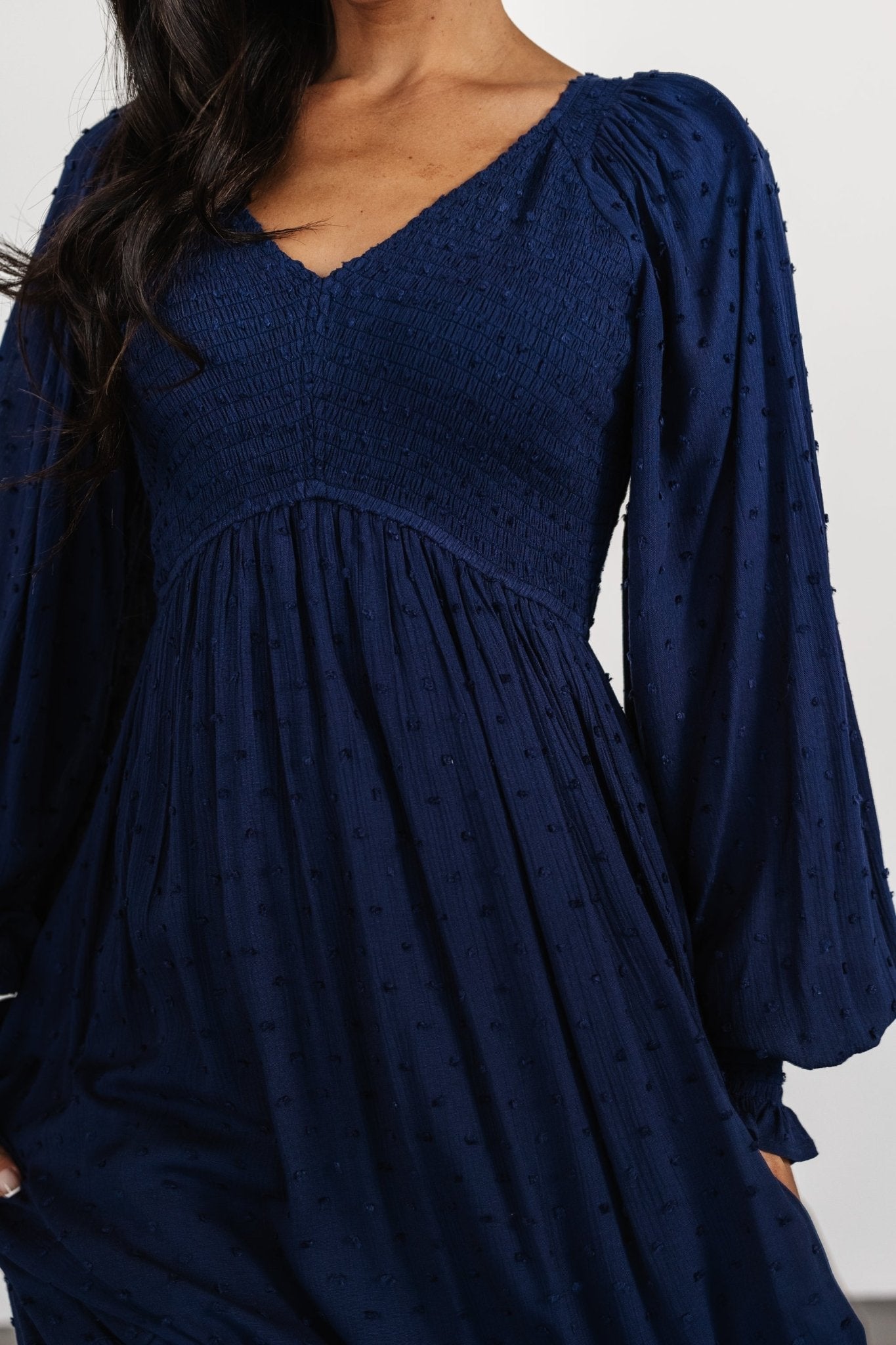 Lainey Smocked Dotted Midi Dress | Midnight Blue