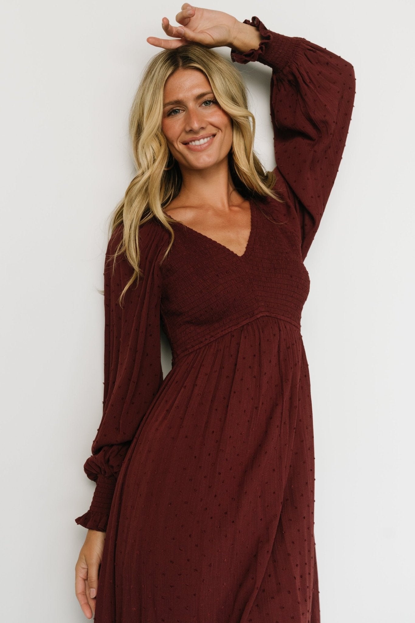 Lainey Smocked Dotted Midi Dress | Mulberry