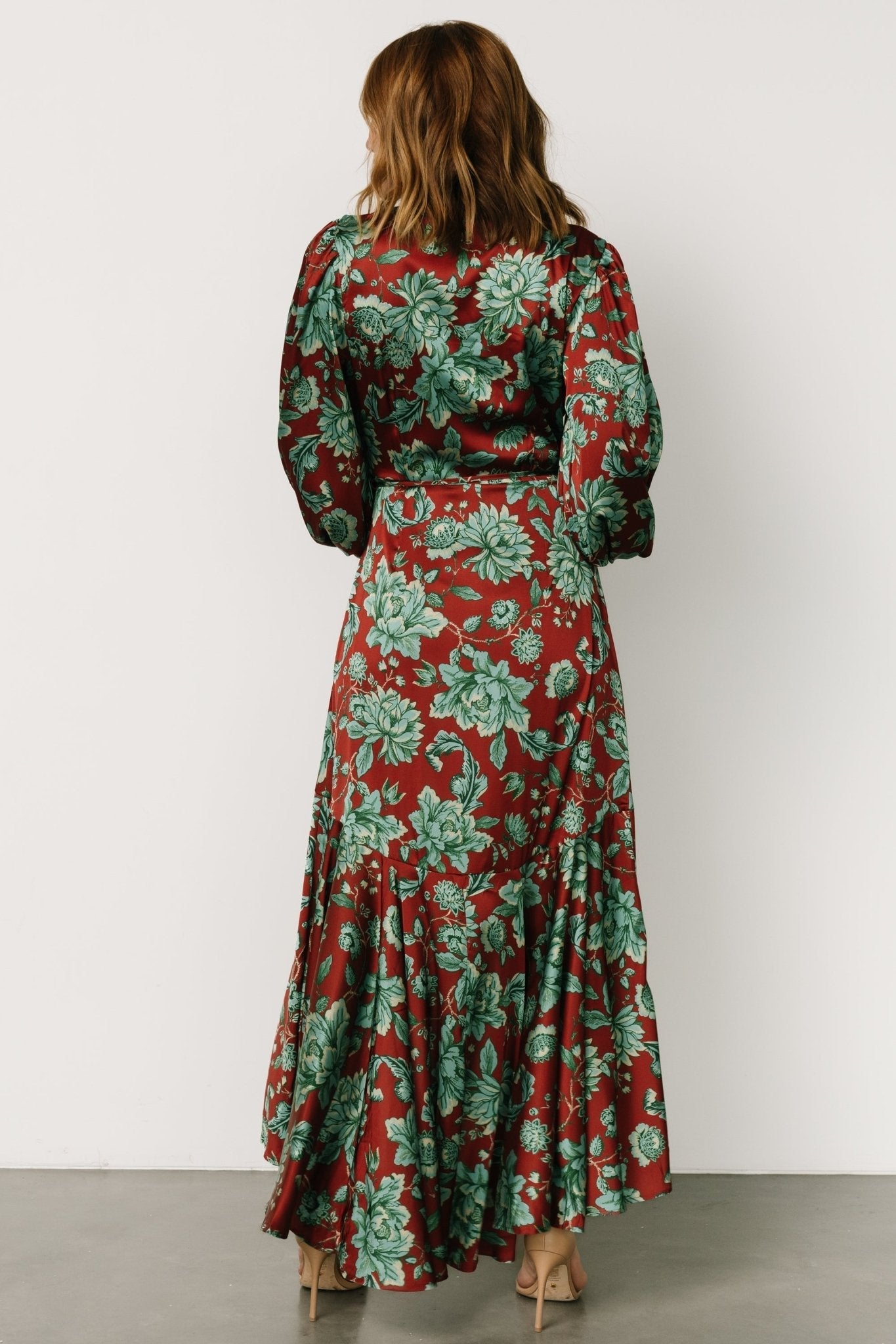 Lavinia Ruffle Maxi Dress | Rust + Green Floral