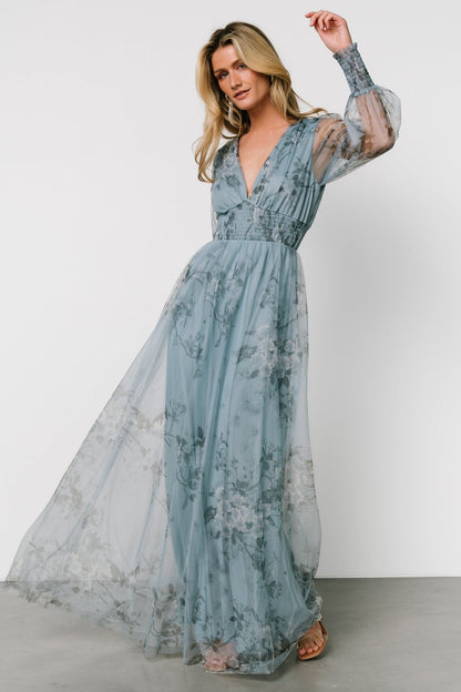 Layla Tulle Maxi Dress | Dusty Blue Floral