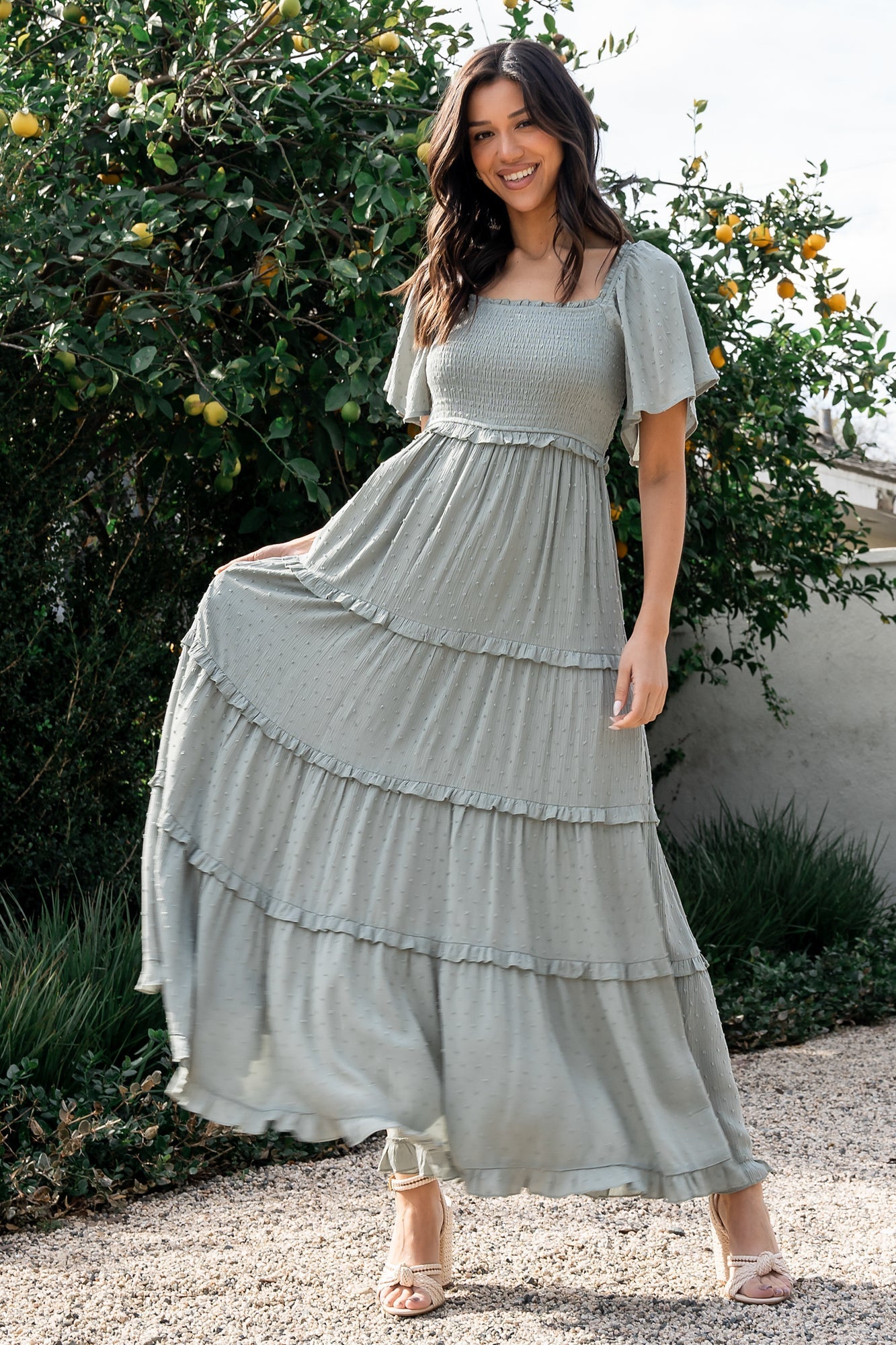 Lenora Smocked Dotted Maxi Dress | Sage