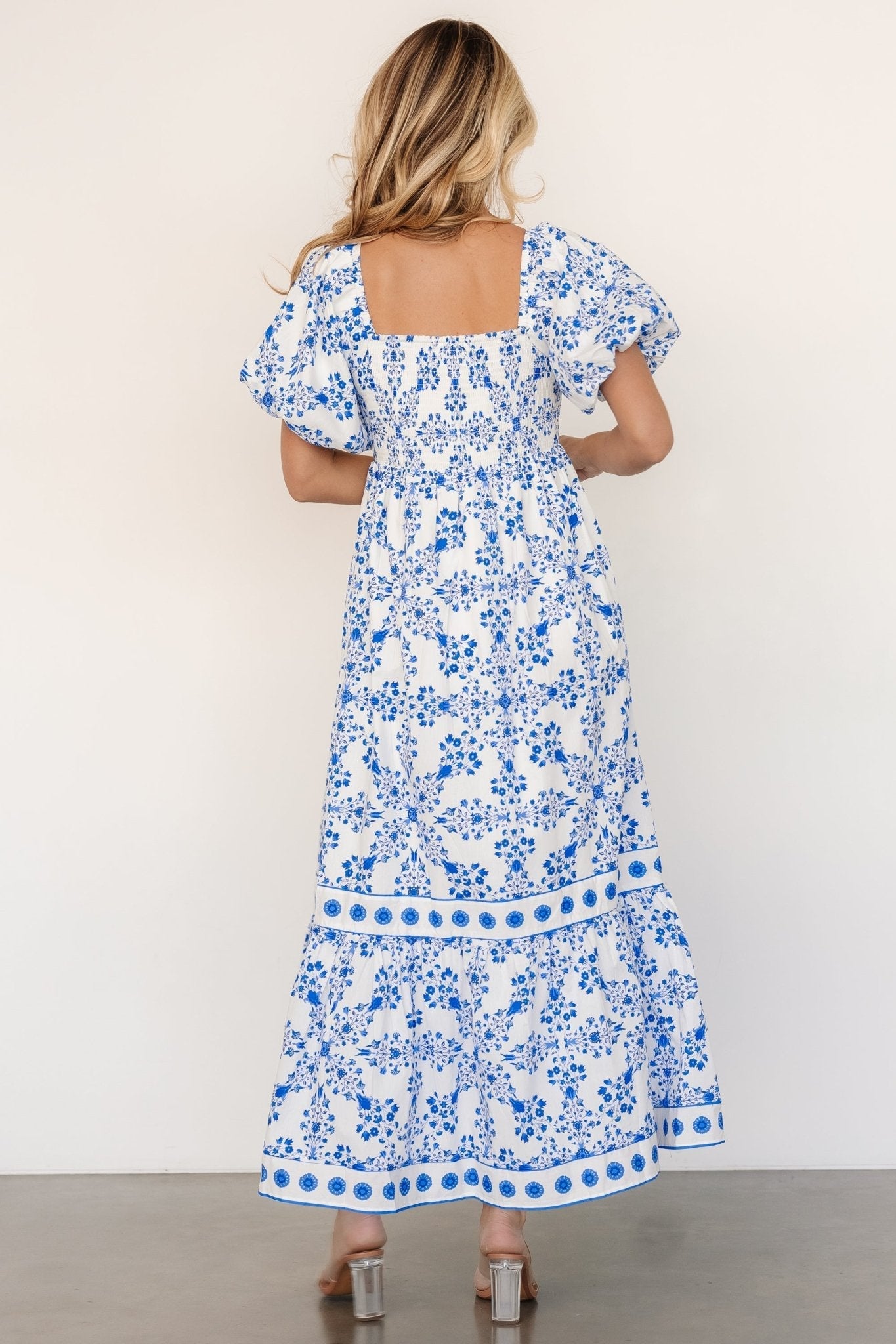 Lexa Smocked Maxi Dress | Off White + Blue Floral