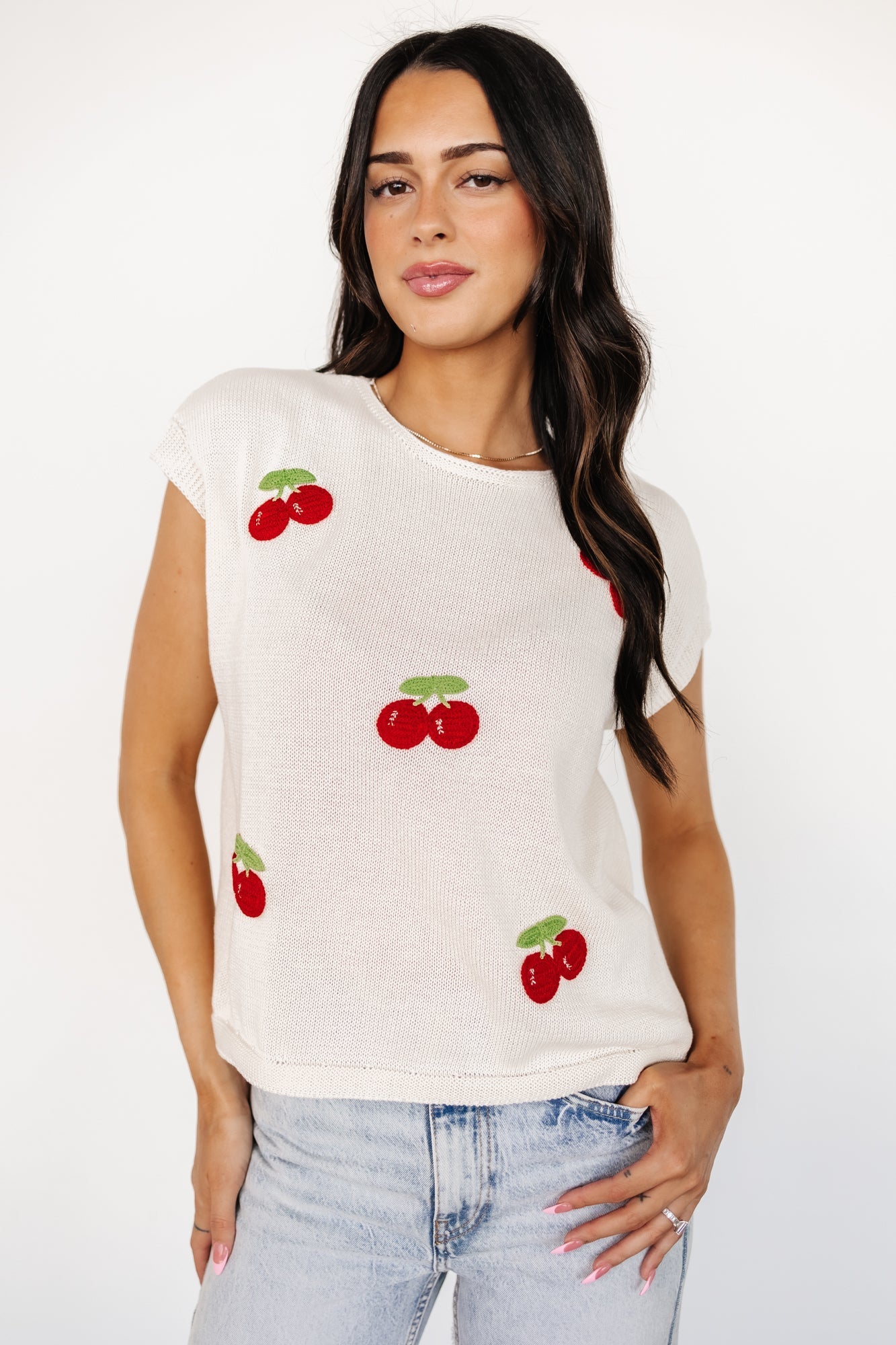 Lexie Knit Top | Cream + Cherry Applique