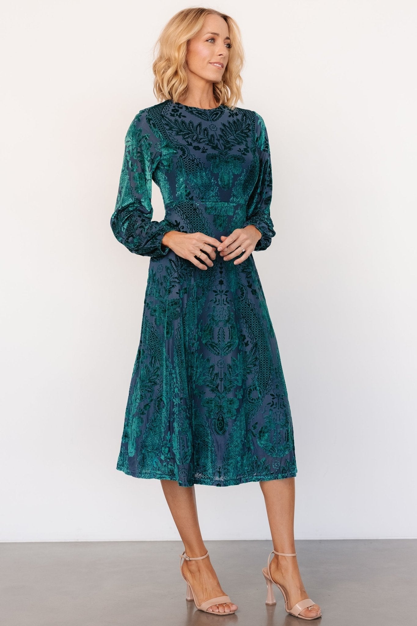 Lorielle Velvet Midi Dress | Emerald Print