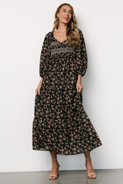 Louisa Smocked Maxi Dress | Black Floral