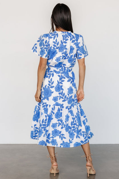 Lydie Button Midi Dress | White + Blue