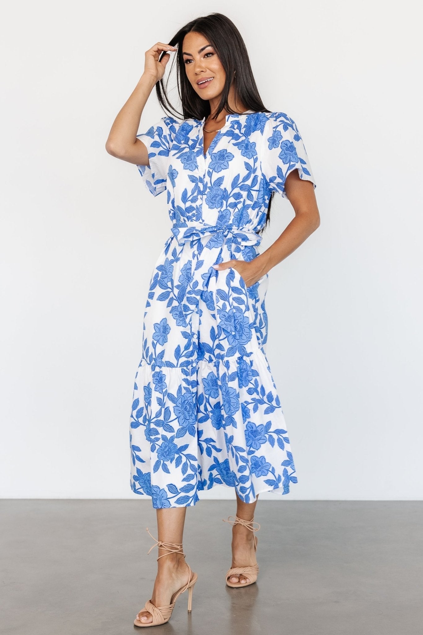 Lydie Button Midi Dress | White + Blue