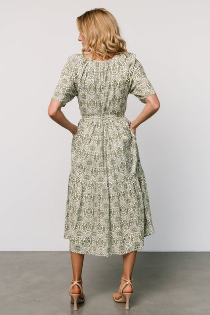 Lyla Midi Dress | White + Olive Print