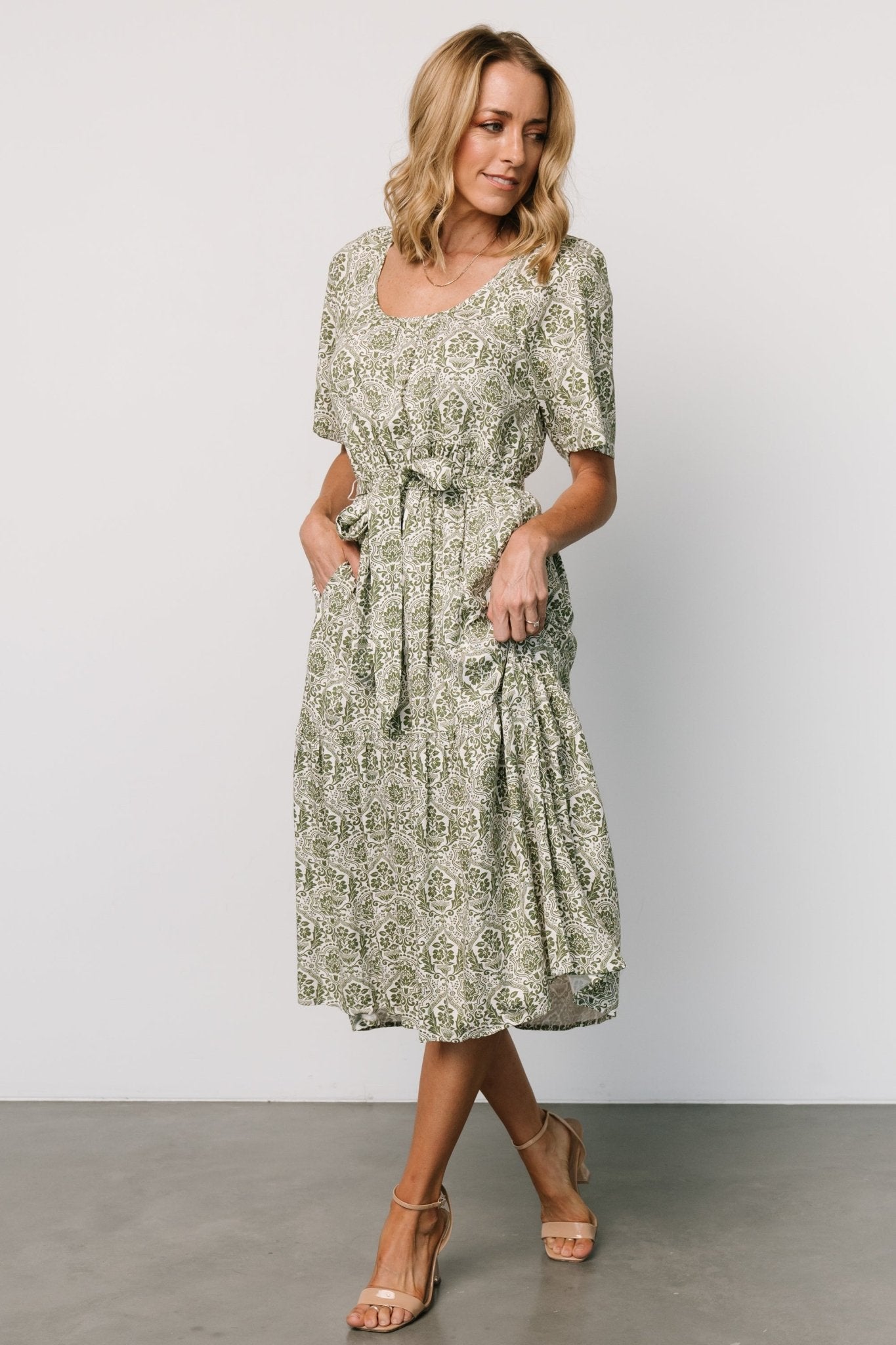 Lyla Midi Dress | White + Olive Print