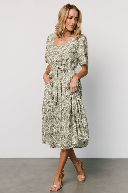 Lyla Midi Dress | White + Olive Print