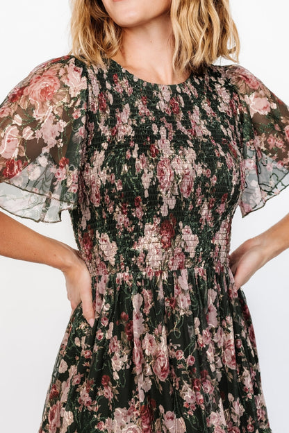 Mara Embroidered Tulle Dress | Dark Green + Blush Floral