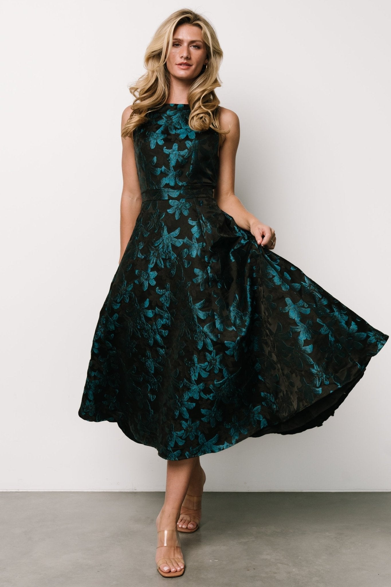 Maren Embossed Midi Dress | Black + Teal Floral