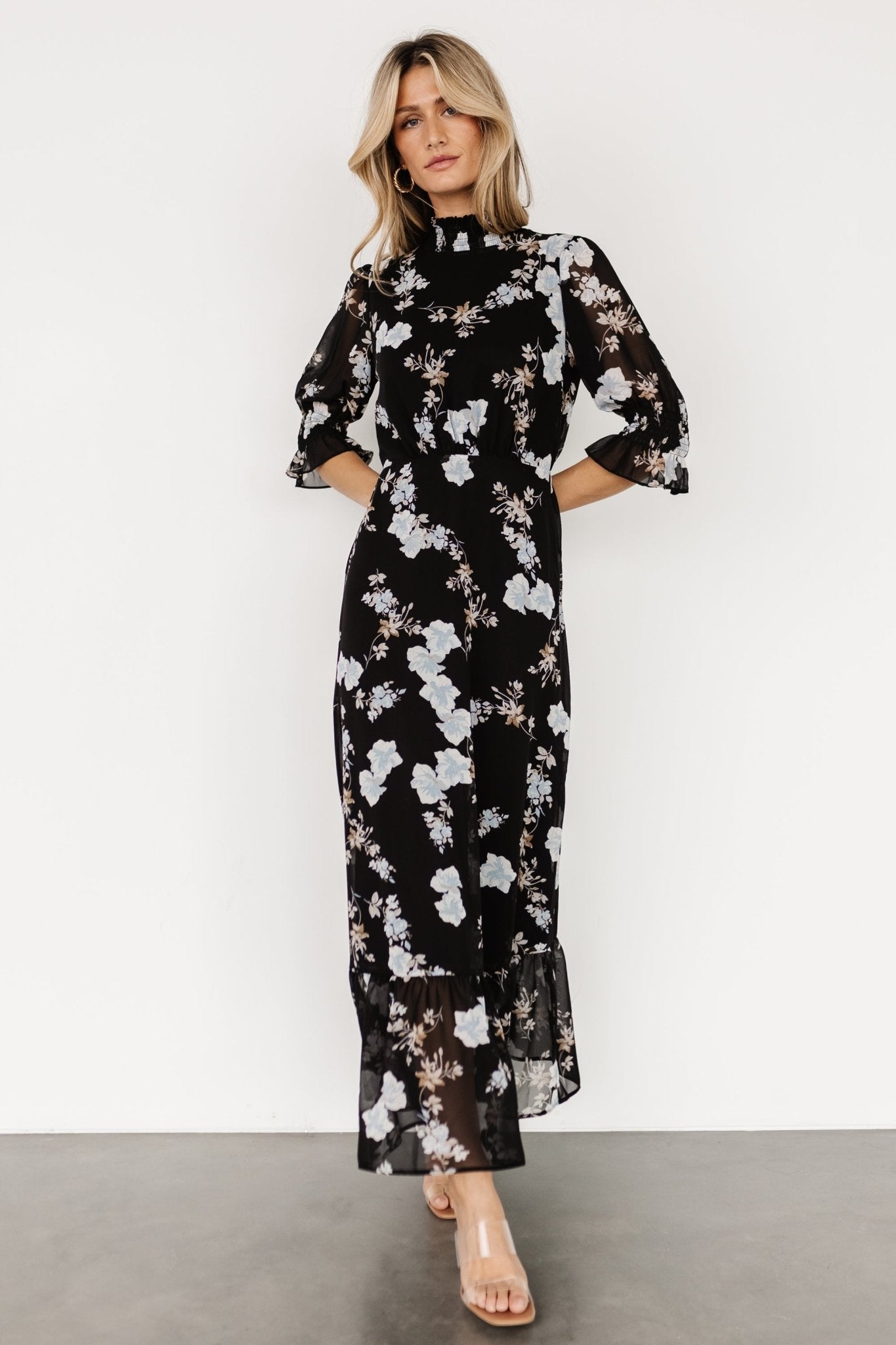Marie Mock Neck Maxi Dress | Black Floral