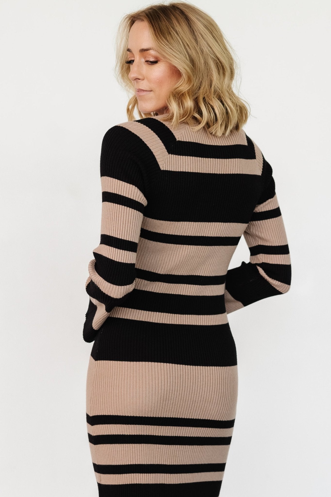 Marika Ribbed Dress | Camel + Black Stripe
