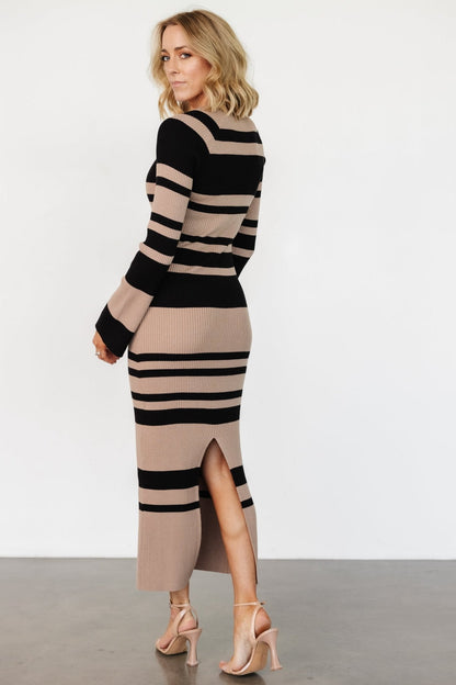 Marika Ribbed Dress | Camel + Black Stripe