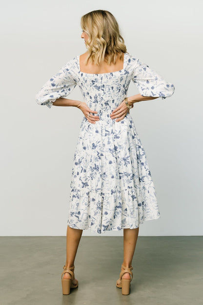 Marta Smocked Midi Dress | White + Blue