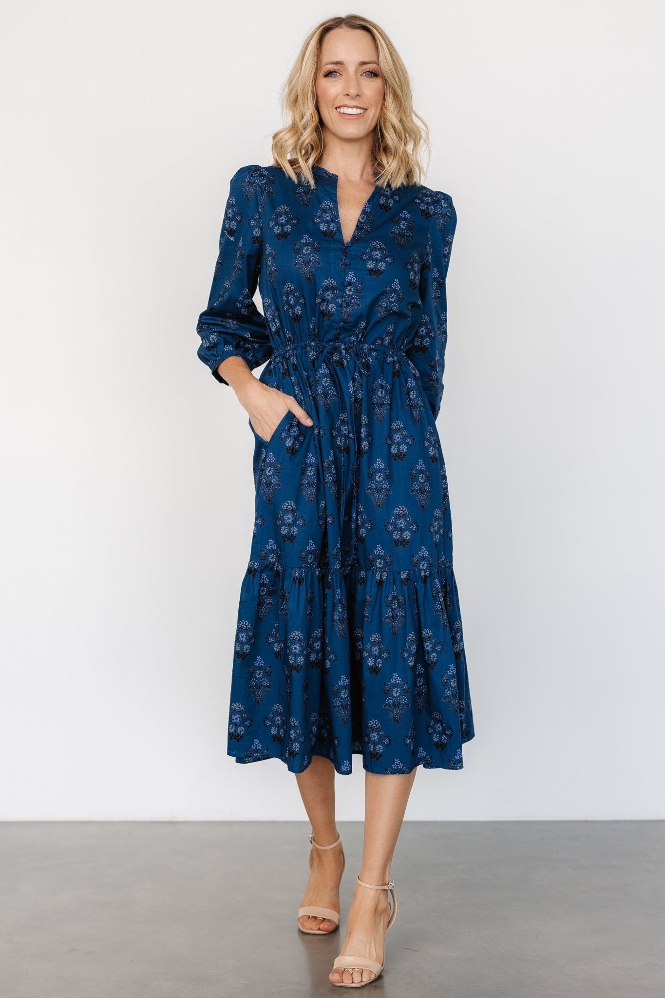Mira Midi Dress | Deep Blue Print