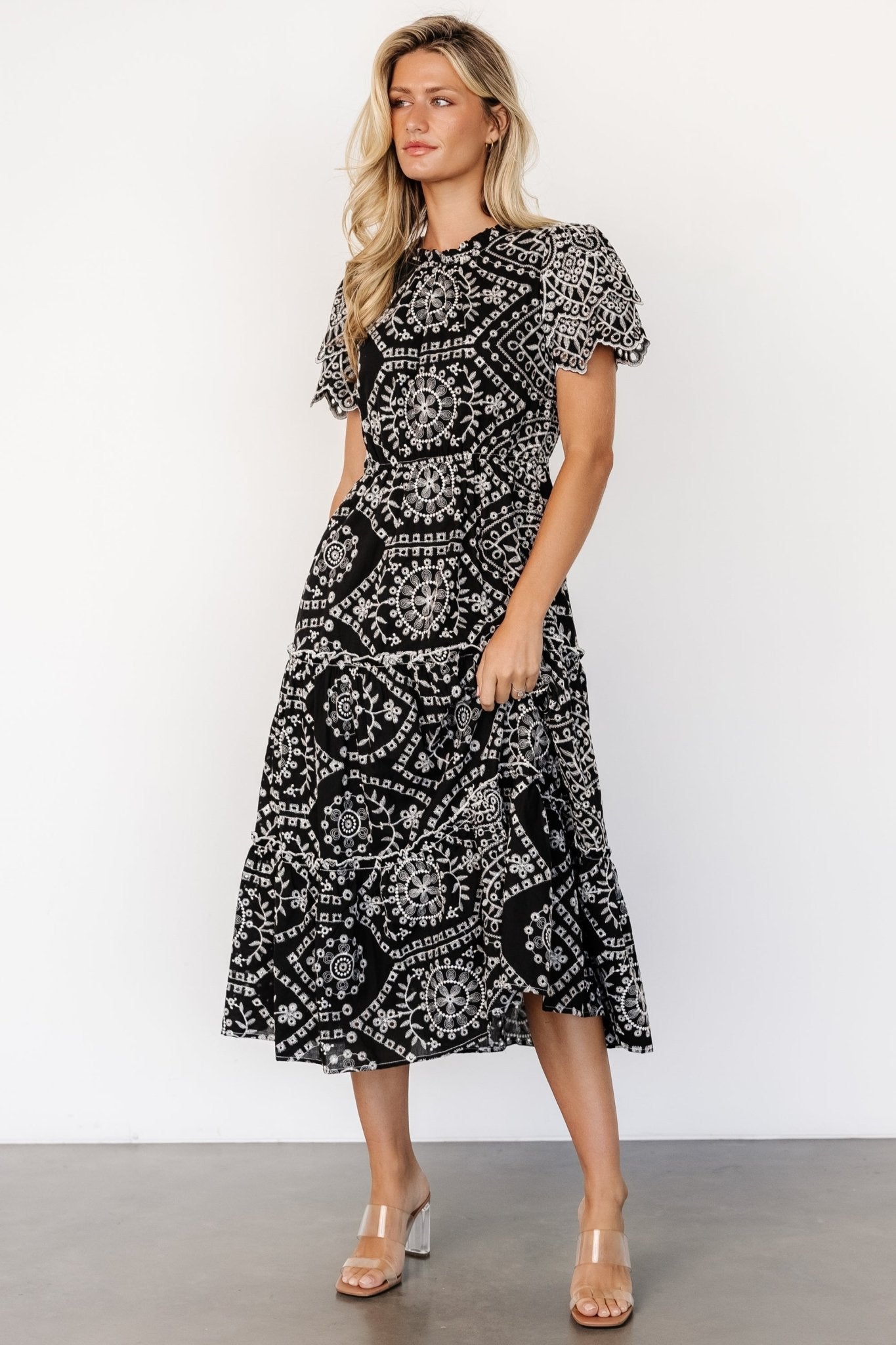 Mirabel Eyelet Midi Dress | Black + White