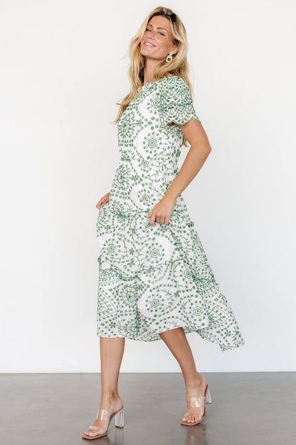 Mirabel Eyelet Midi Dress | White + Green