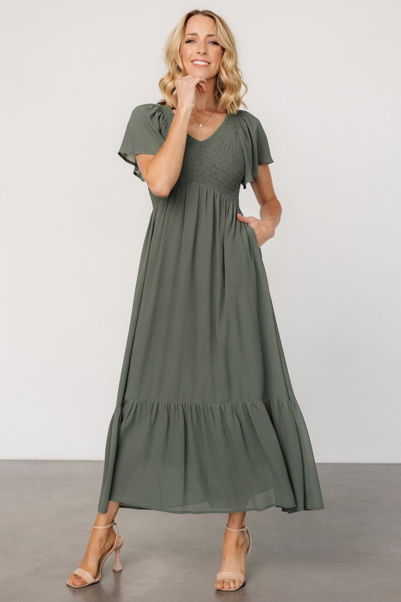 Monica Smocked Dress | Dark Sage