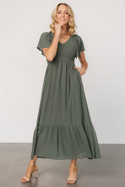 Monica Smocked Dress | Dark Sage