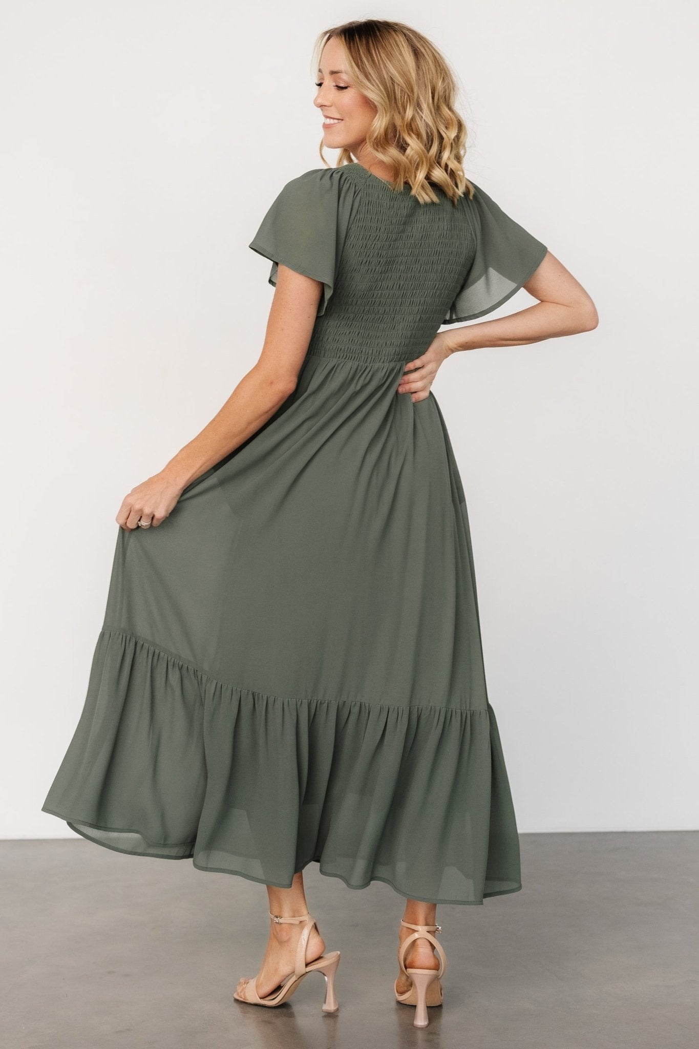 Monica Smocked Dress | Dark Sage