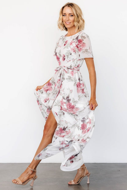 Naomi Short Sleeve Maxi Dress | Off White + Rose Floral