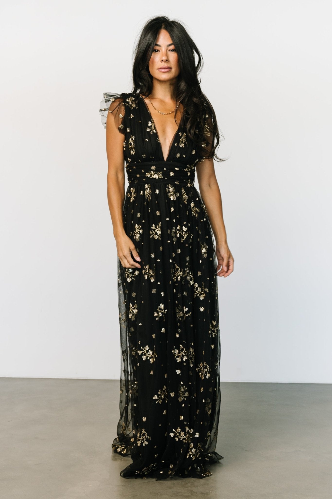 Natalia Floral Embellished Maxi Dress | Black + Gold