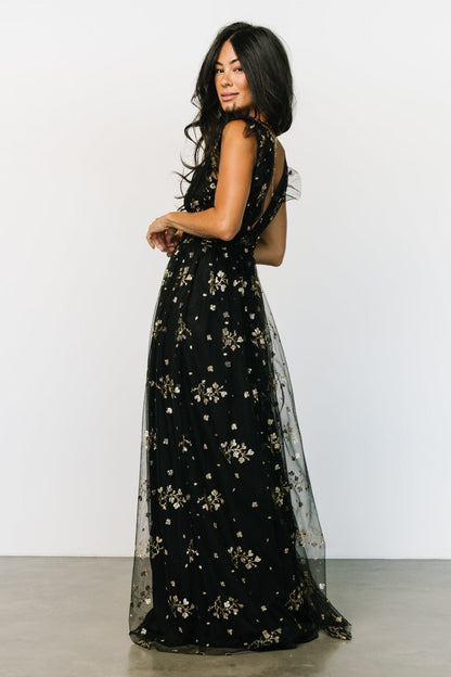 Natalia Floral Embellished Maxi Dress | Black + Gold