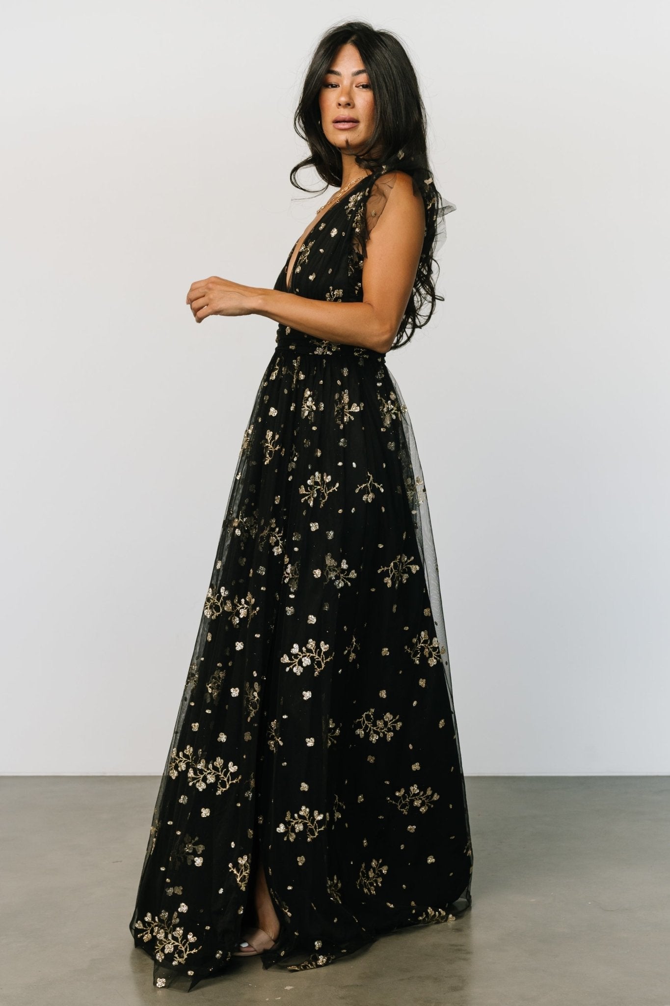 Natalia Floral Embellished Maxi Dress | Black + Gold
