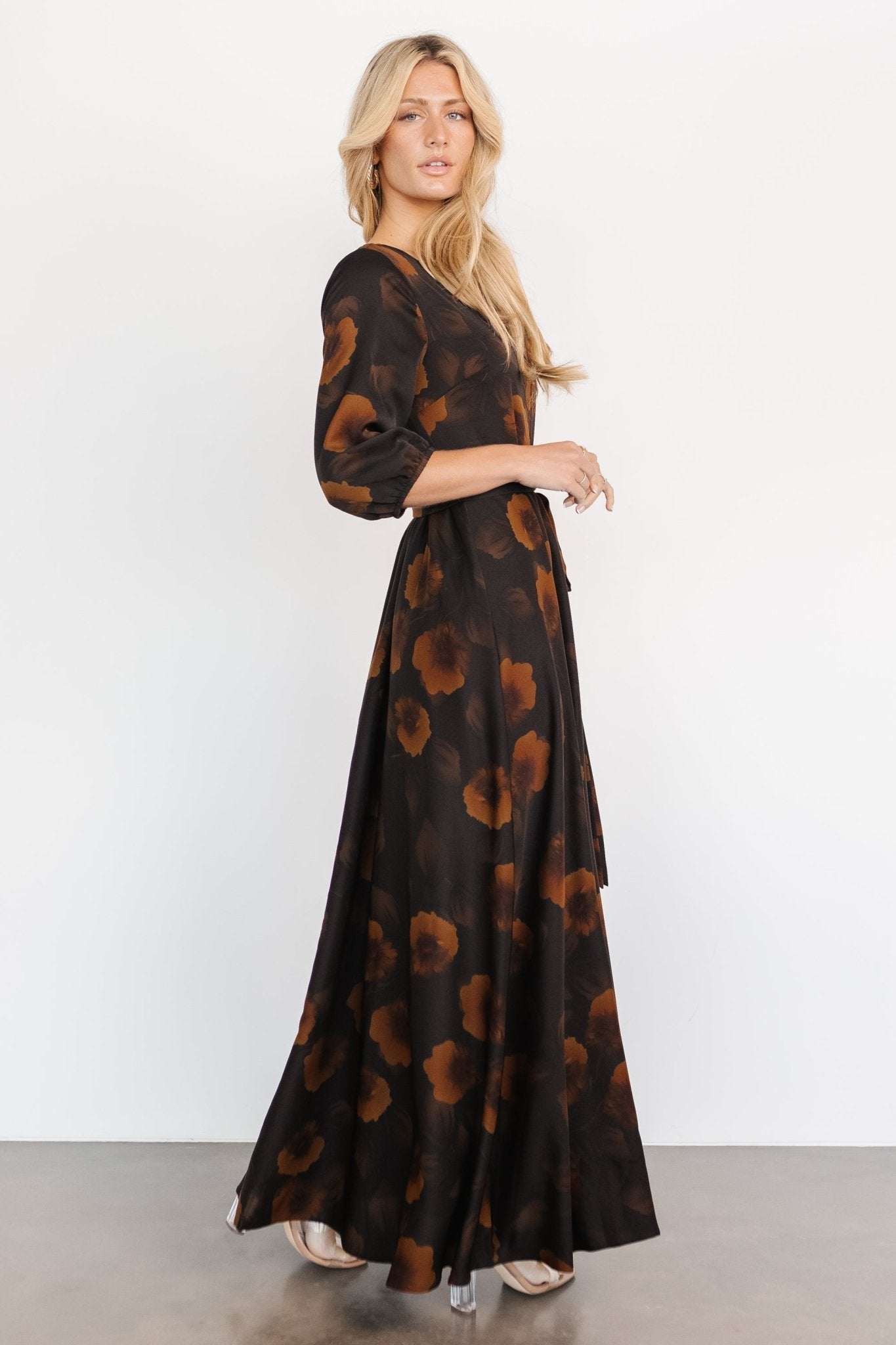 Paula Satin Maxi Dress | Deep Brown Floral