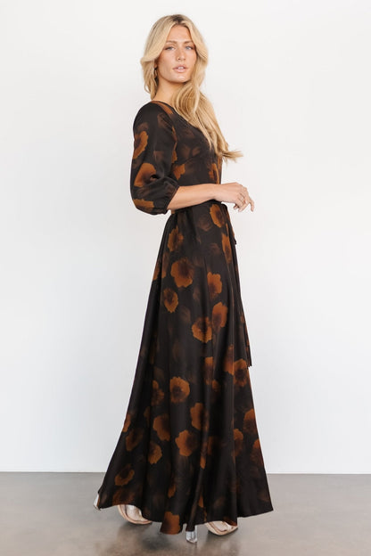 Paula Satin Maxi Dress | Deep Brown Floral