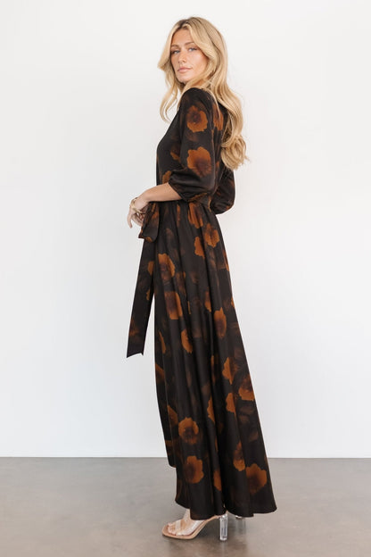 Paula Satin Maxi Dress | Deep Brown Floral