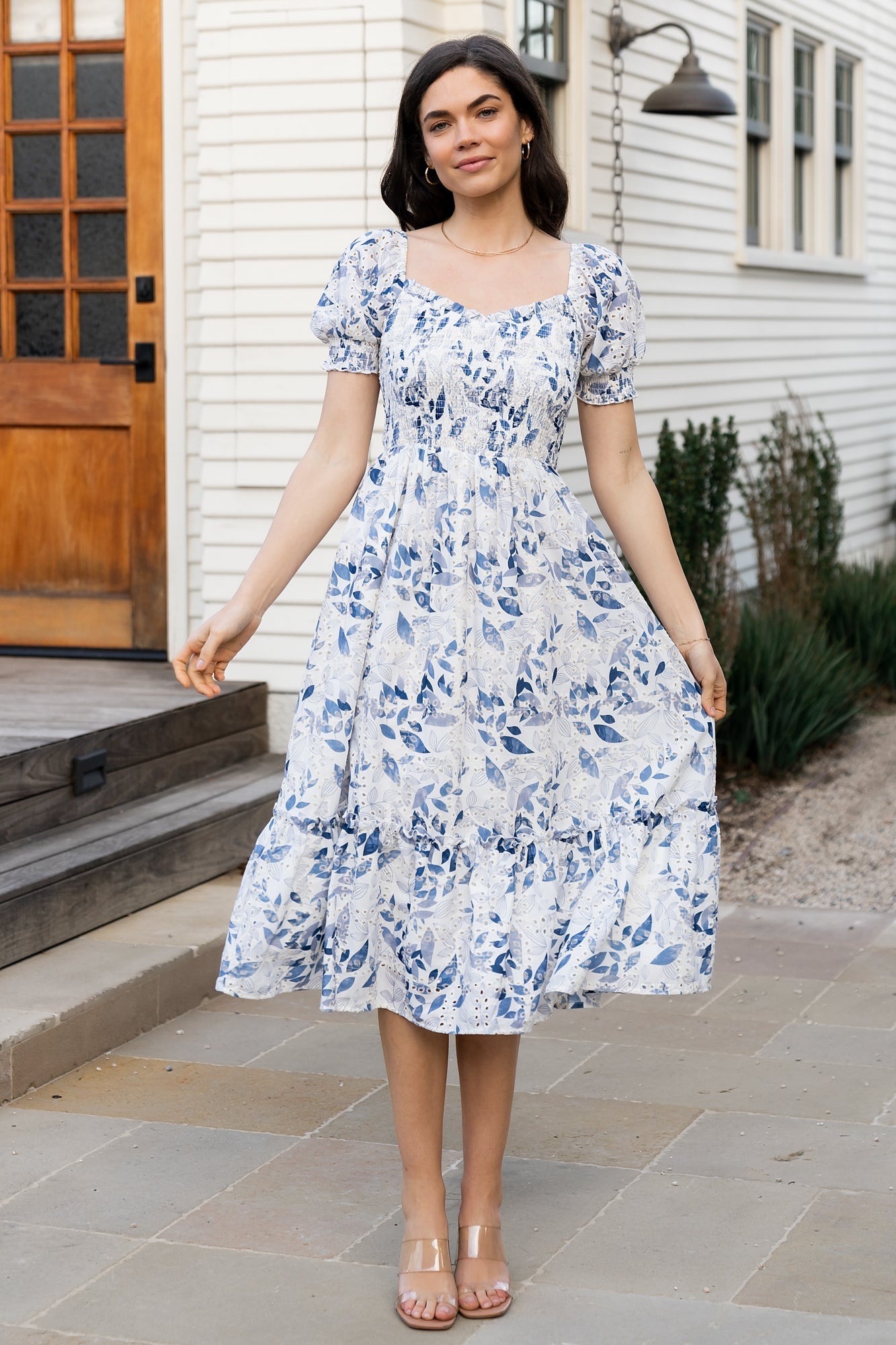 Piper Eyelet Midi Dress | Off White + Blue Floral