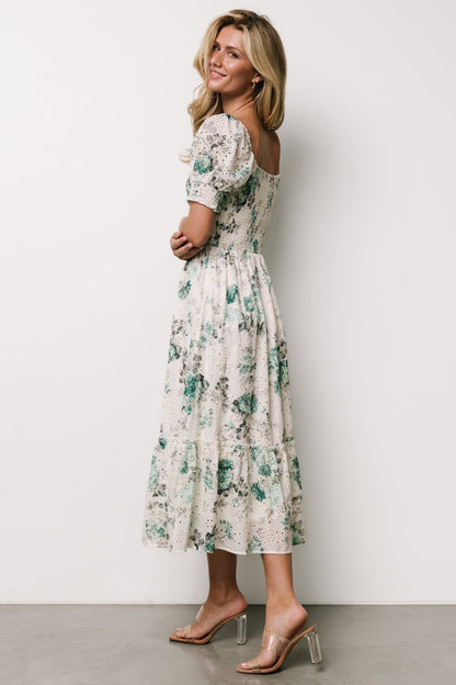 Piper Eyelet Midi Dress | Off White + Green Floral