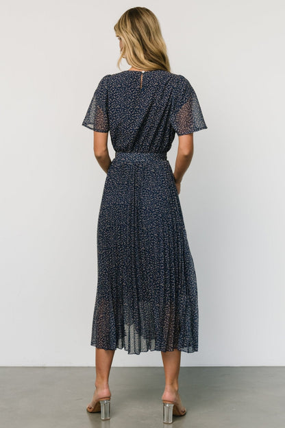 Prim Pleated Dress | Navy Print