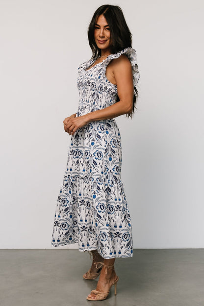 Rhodes Smocked Dress | White + Blue Print