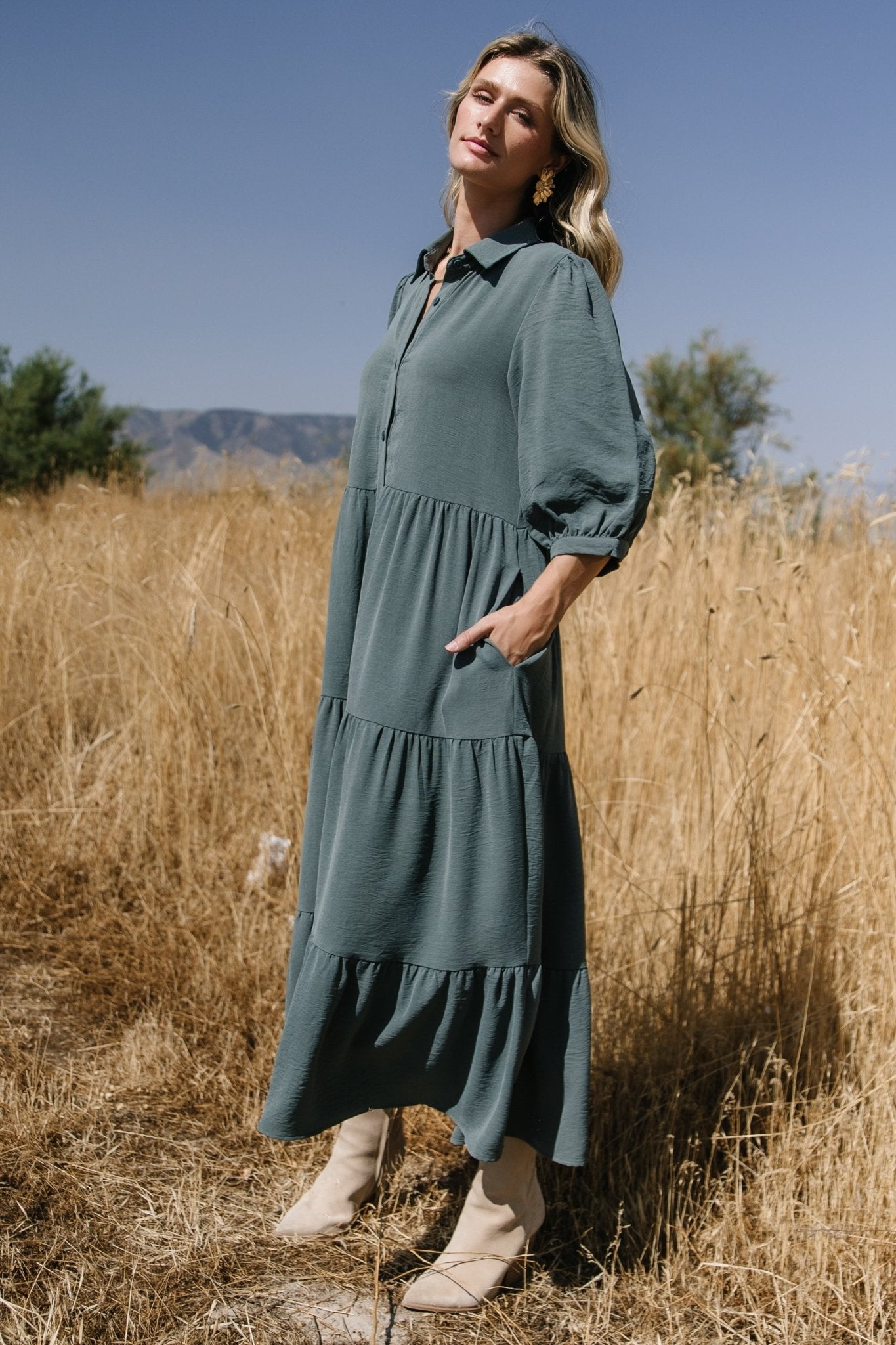 Sandy Button Tiered Dress | Jade
